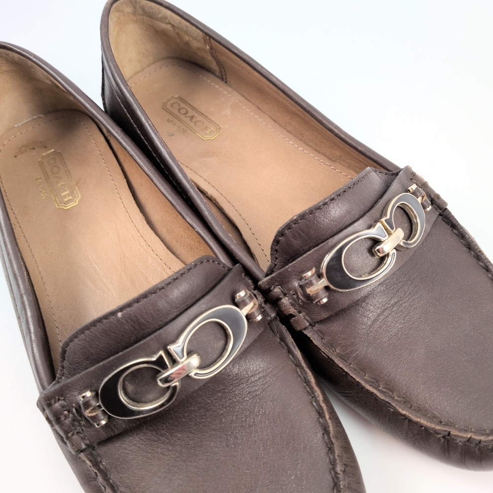 Coach Brown Leather Moccasin Loafers with Gold-Tone Hardware